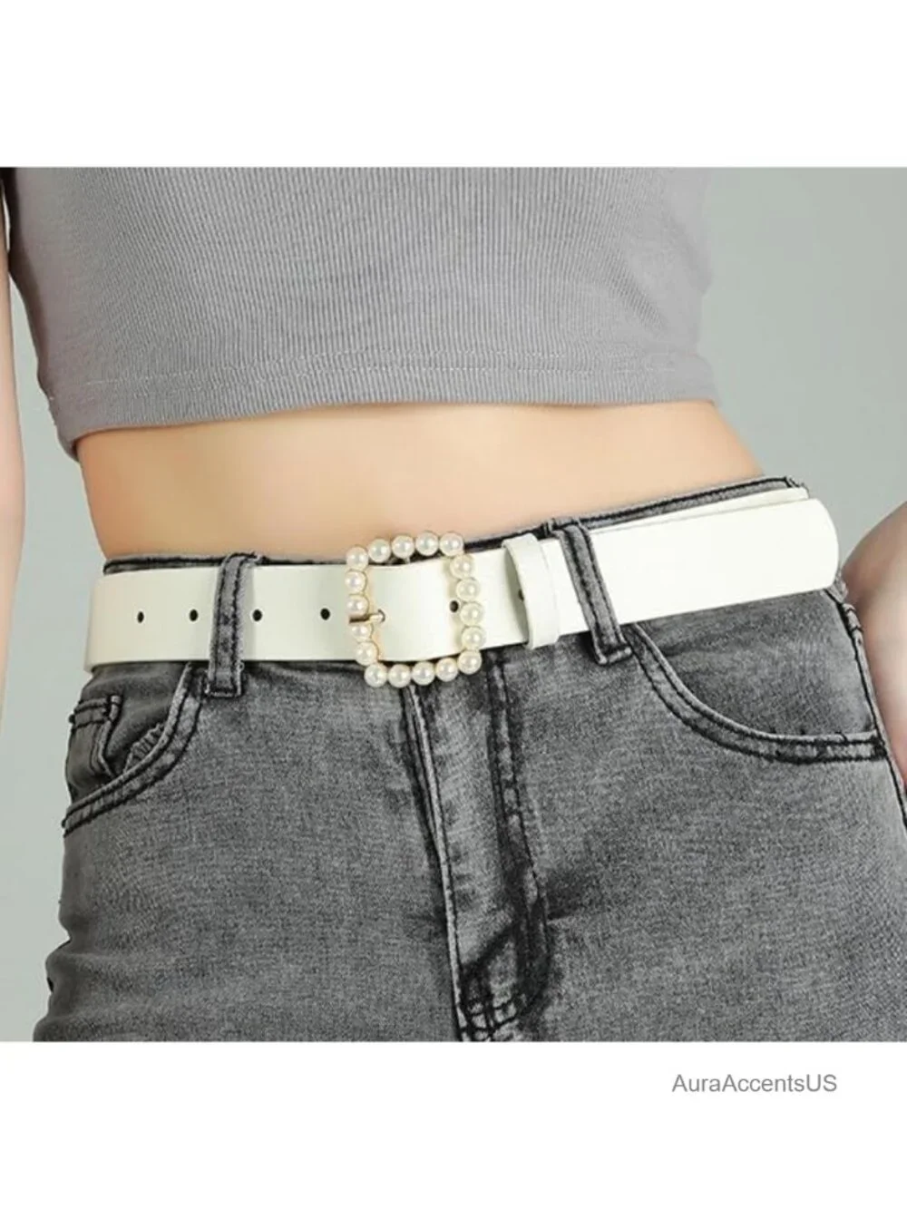 Elegant Pearl Buckle Faux Leather Belt for Jeans Dresses Pants